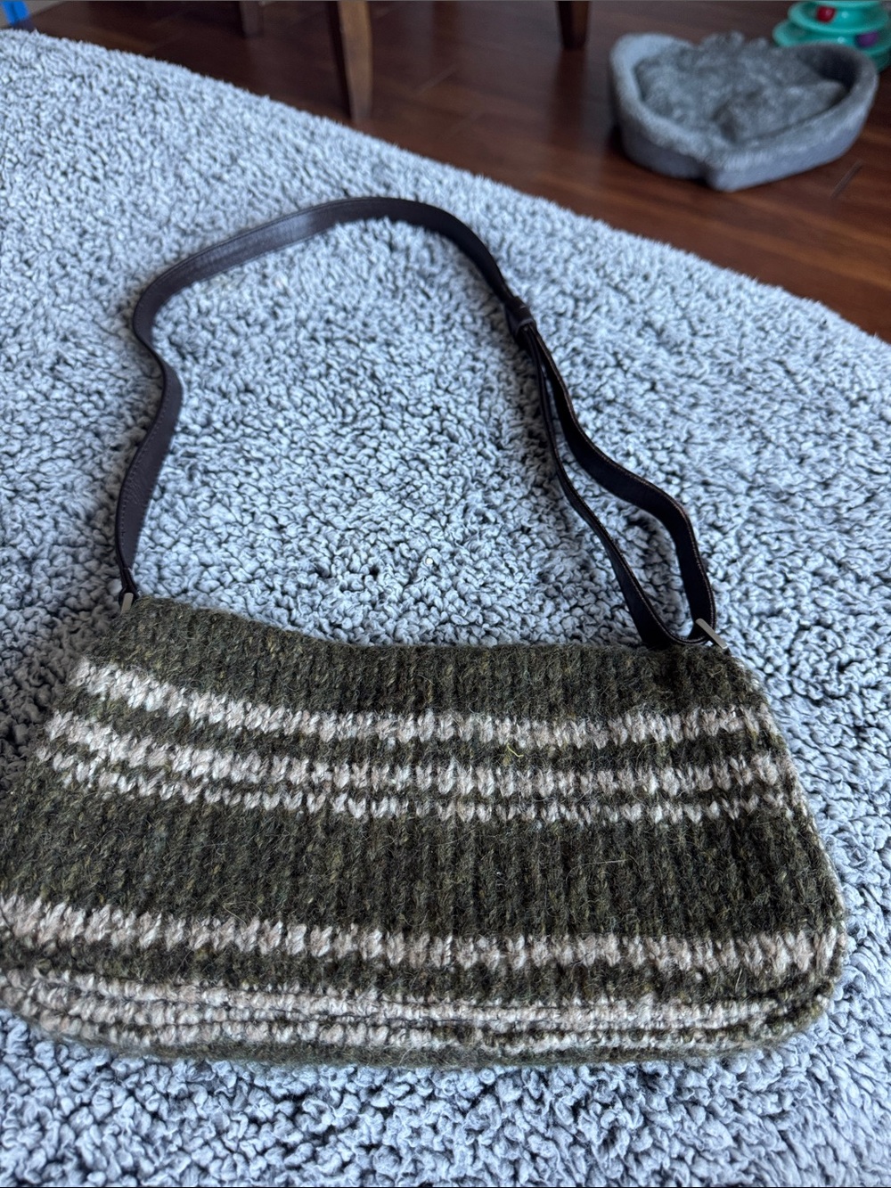Kenneth Cole Olive Green and Cream Striped Shoulder Bag